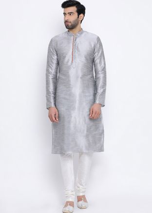 Grey Readymade Dupion Silk Kurta With Churidar