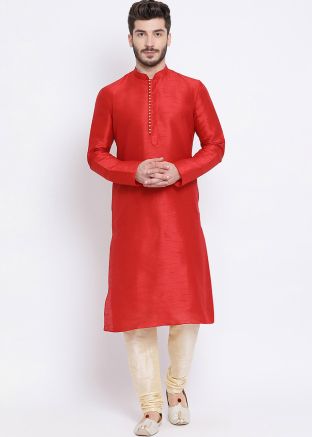 Red Dupion Silk Readymade Kurta Churidar Set