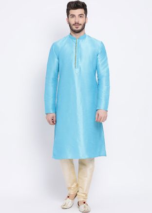 Blue Readymade Dupion Silk Kurta With Churidar