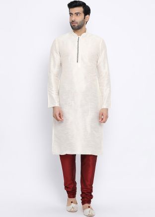 White Readymade Dupion Silk Kurta Churidar Set