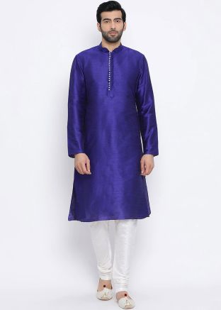 Blue Dupion Silk Readymade Kurta With Churidar