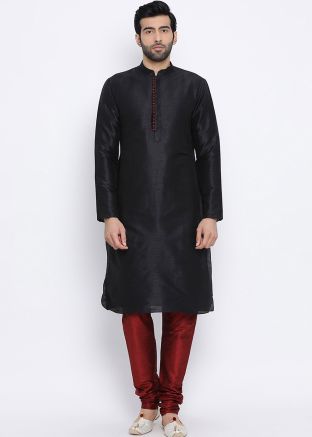 Black Readymade Dupion Silk Kurta Churidar Set