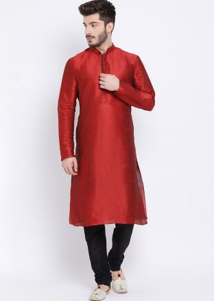 Maroon Dupion Silk Kurta With Churidar