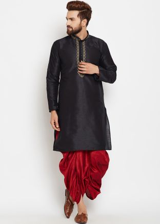Black Dupion Silk Readymade Kurta Dhoti Set