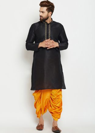 Readymade Black Dupion Silk Kurta With Dhoti