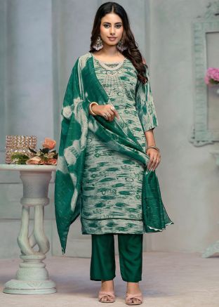 Green Handwork Salwar Suit Set In Cotton