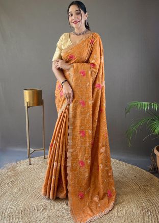 Orange Tussar Silk Saree In Thread Embroidery