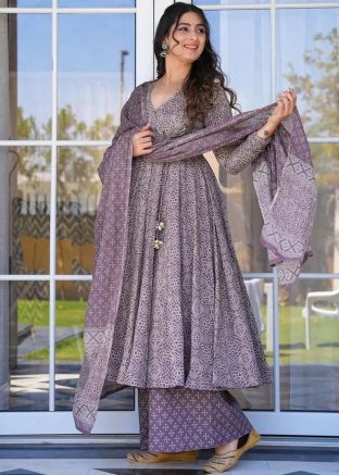 Purple Digital Printed Readymade Palazzo Suit In Cotton