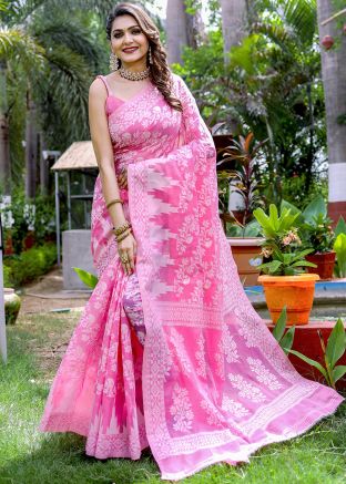 Pink Printed Saree In Cotton