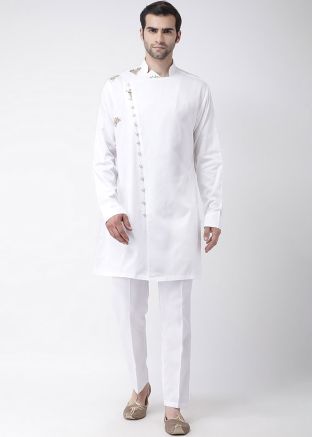 White Embroidered Readymade Men Kurta With Pajama