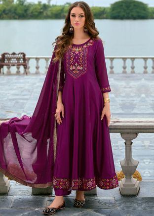 Purple Readymade Embroidered Art Silk Anarkali Suit