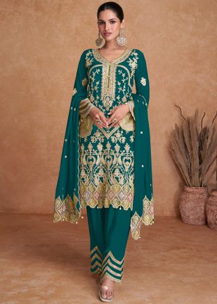 Teal Green Embroidered Readymade Pant Suit In Chiffon