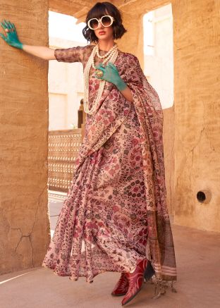 Pink Digital Printed Saree In Tissue