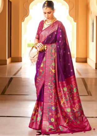 Purple Zari Woven Saree In Art Silk
