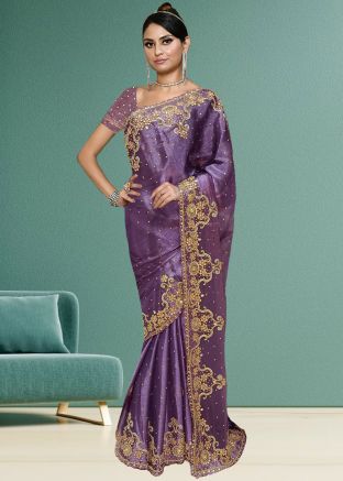 Purple Handwork Embroidered Border Organza Saree