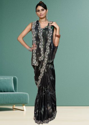 Black Tie-Dye Printed Tissue Saree
