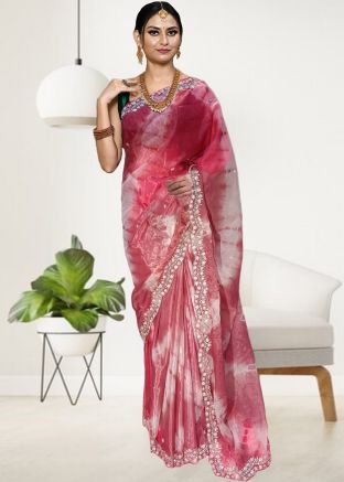 Pink Embroidered Saree In Tissue