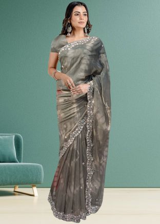 Grey Tissue Saree In Tie-Dye Print
