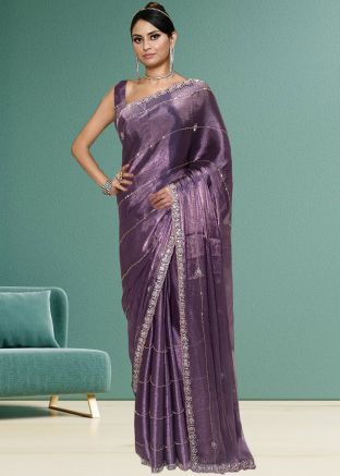 Purple Embroidered Saree In Organza