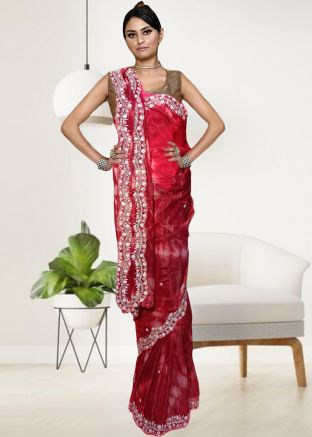Red Tie-Dye Print Saree In Tissue