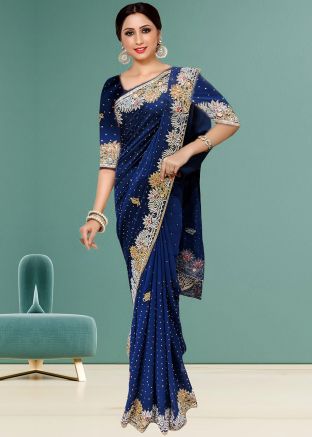 Navy Blue Handwork Embroidered Georgette Saree