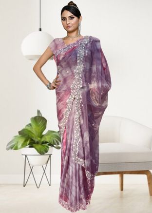 Mauve Purple Tissue Saree In Tie-Dye Print