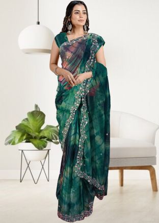 Green Tissue Saree In Tie-Dye Print