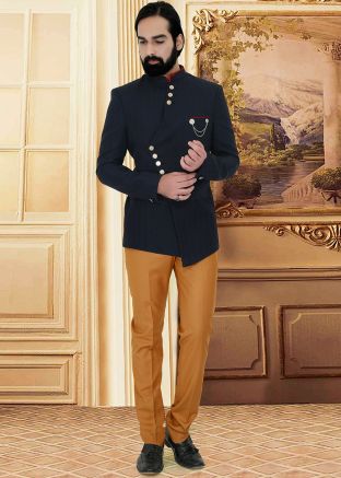 Black Jacquard Readymade Mens Suit With Plain Pant
