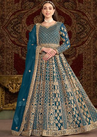 Teal Blue Embroidered Net Abaya Style Suit