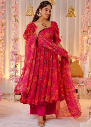 Pink Floral Print Anarkali Salwar Suit