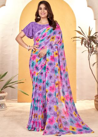 Purple Floral Printed Georgette Saree