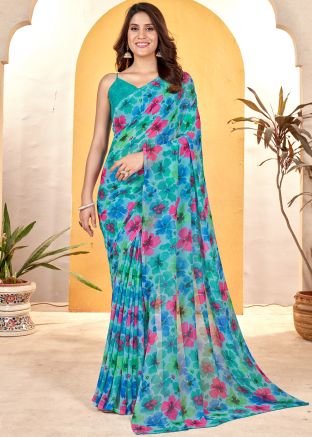 Multicolor Floral Printed Saree In Georgette