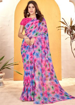 Pink Floral Print Saree & Blouse