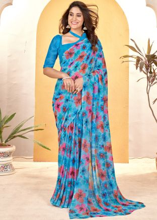 Blue Floral Printed Georgette Saree & Blouse