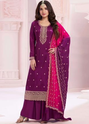 Purple Art Silk Palazzo Suit In Zari Embroidery