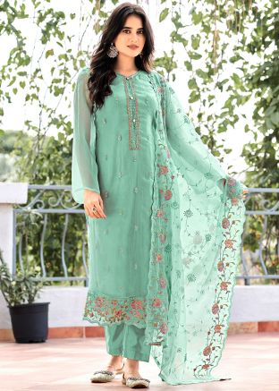 Turquoise Pant Suit In Thread Embroidery