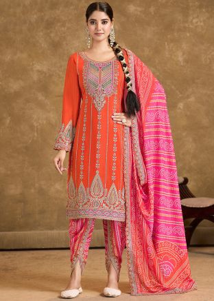 Readymade Orange Zari Embroidered Dhoti Style Suit
