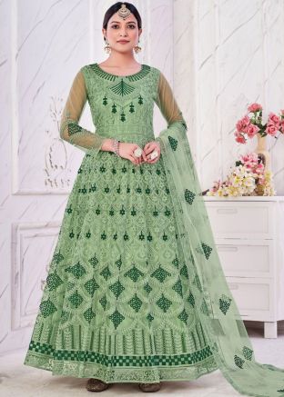 Green Dori Embroidered Net Abaya Style Suit