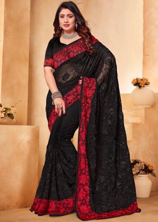 Black & Red Embroidered Georgette Saree