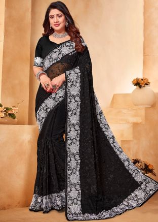 Black & White Georgette Saree In Thread Embroidery