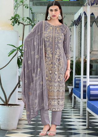 Readymade Purple Embroidered Pant Suit In Georgette