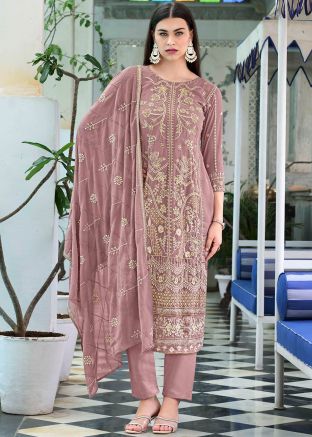 Pink Georgette Readymade Embroidered Pant Style Suit