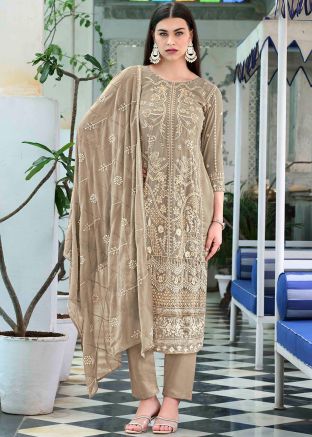 Light Brown Readymade Embroidered Pant Suit