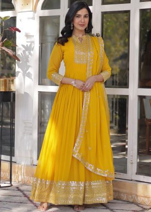 Yellow Embroidered Readymade Anarkali Suit Set