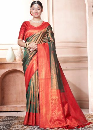 Green Woven Work Saree In Art Silk