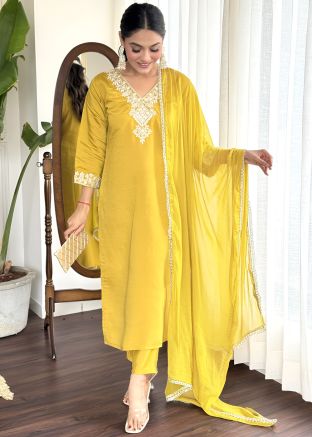 Readymade Yellow Embroidered Pant Suit In Viscose