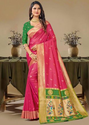 Pink Zari Woven Saree In Silk