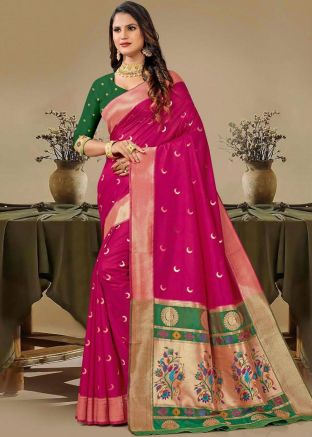 Pink Zari Woven Saree In Silk