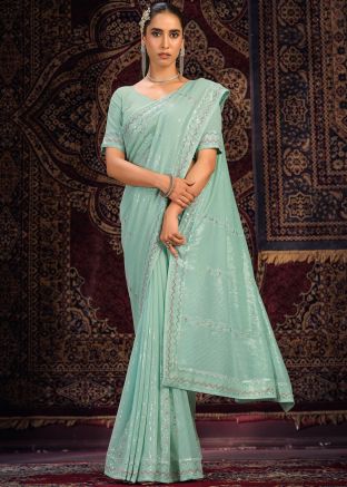 Green Georgette Sequins Embroidered Saree