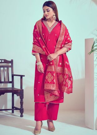 Readymade Pink Embroidered Pant Suit In Art Silk